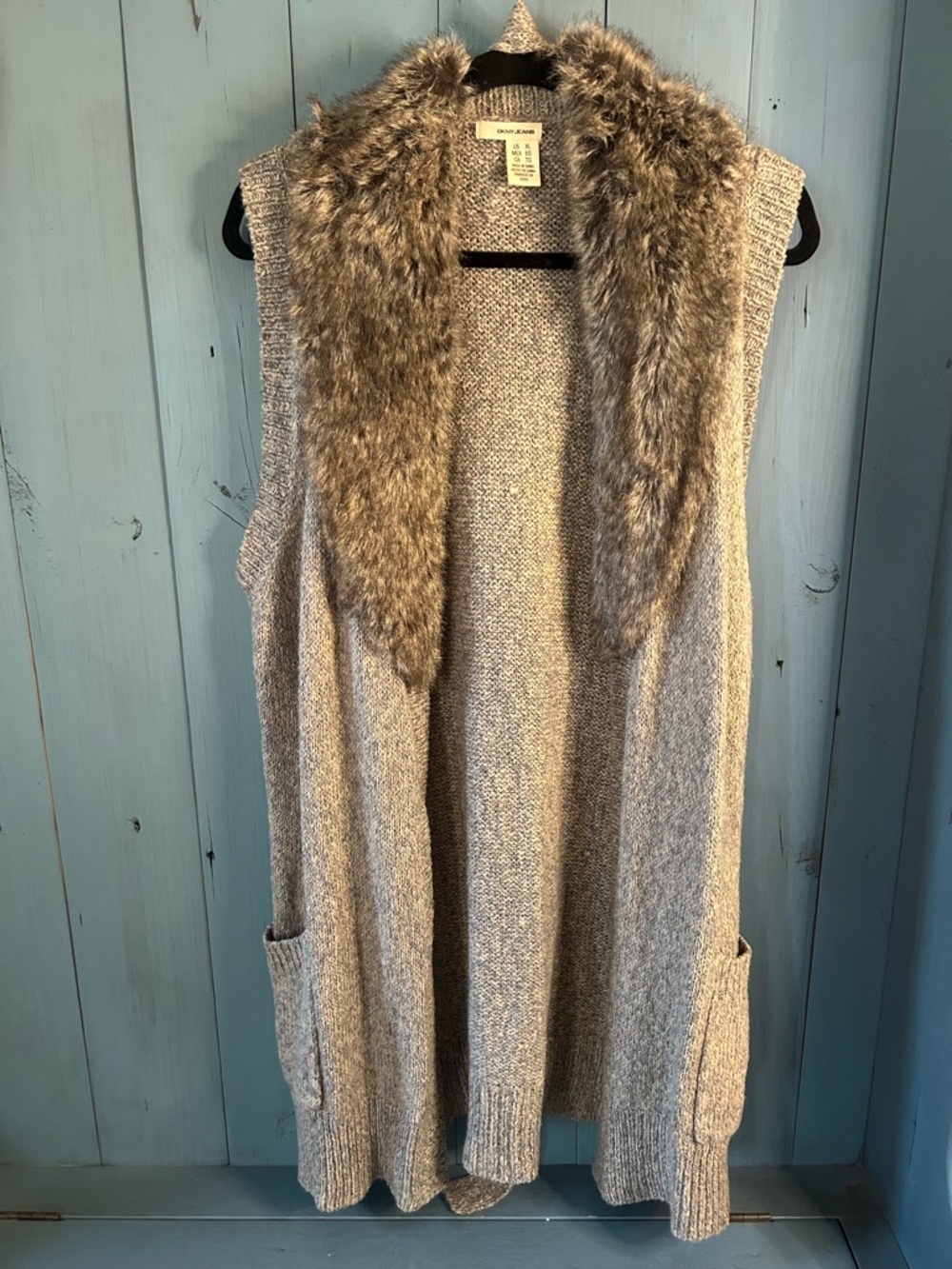 DKNY Brown/Tan Knit Vest with Faux Fur Trim & Belted Waist | Size XL